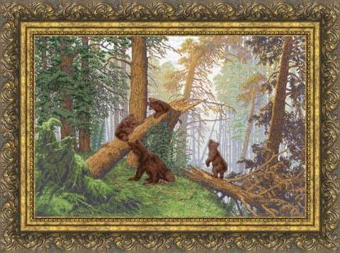 Kryželiu siuvinėjimo rinkinys „Rytas pušyne“ su Murano 32 audiniu, 43,7 x 29,3 cm gamtos peizažas
