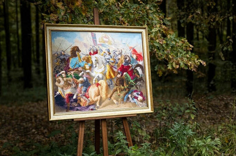 Didelis skaičiuojamo kryželio siuvinėjimo rinkinys „Žana d'Ark mūšio lauke“, 18 ct Aida drobė, 81×66 cm