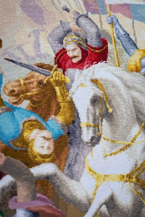 Didelis skaičiuojamo kryželio siuvinėjimo rinkinys „Žana d'Ark mūšio lauke“, 18 ct Aida drobė, 81×66 cm