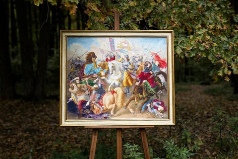 Didelis skaičiuojamo kryželio siuvinėjimo rinkinys „Žana d'Ark mūšio lauke“, 18 ct Aida drobė, 81×66 cm
