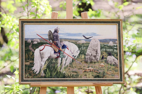 Kryželiu siuvinėjimo rinkinys „Riteris kryžkelėje“ ant 18 dydžio „Zweigart“ drobės, 62,5×37 cm, 95 „Madeira“ spalvos