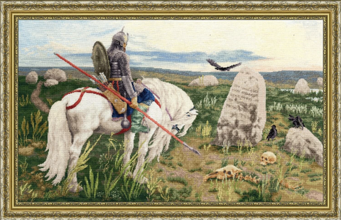 Kryželiu siuvinėjimo rinkinys „Riteris kryžkelėje“ ant 18 dydžio „Zweigart“ drobės, 62,5×37 cm, 95 „Madeira“ spalvos