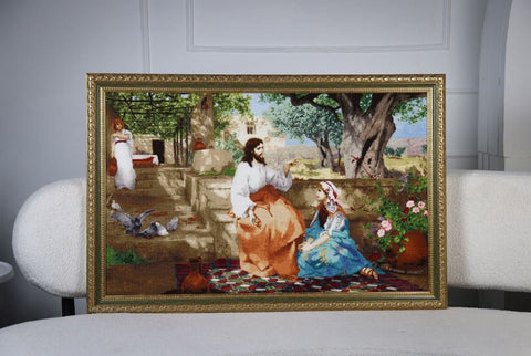 Siuvinėjimo kryželiu rinkinys „Kristus su Morta ir Marija“ religiniam paveikslui, 85x54 cm