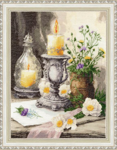 Kryželiu siuvinėjimo rinkinys „Rami senojo kaimo diena“ – klasikinis natiurmortas, 28,7×38,5 cm