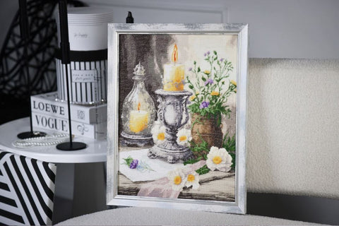Kryželiu siuvinėjimo rinkinys „Rami senojo kaimo diena“ – klasikinis natiurmortas, 28,7×38,5 cm