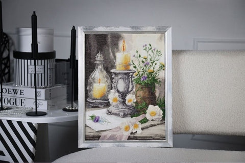 Kryželiu siuvinėjimo rinkinys „Rami senojo kaimo diena“ – klasikinis natiurmortas, 28,7×38,5 cm
