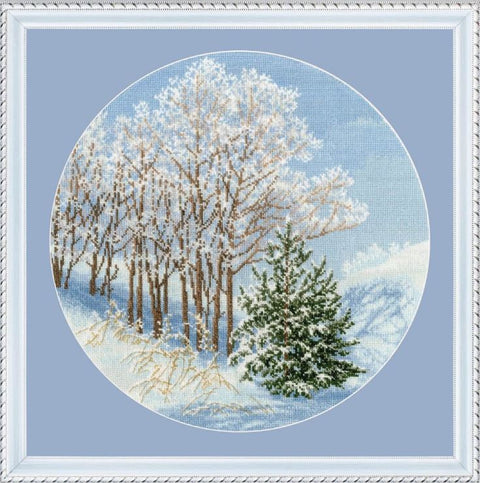 Siuvinėjimo kryželiu rinkinys „Sidabras šakose“ ant baltos Aida 16 drobės, 31,7 x 31,7 cm dekoratyvinei sienų puošybai