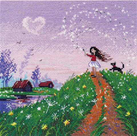 Kryželių siuvinėjimo rinkinys „Pavasario vėjas“ – 18×18 cm, pastelinis pavasario motyvas