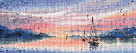 Panoraminis kryželiu siuvinėjimo rinkinys „Rožinis vakaras“ – romantiškas peizažas, 37×15 cm