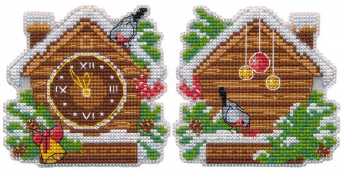 Siuvinėjimo kryželiu rinkinys „Kalėdinė eglutė su Naujųjų metų laikrodžiu“, 9 × 8,7 cm