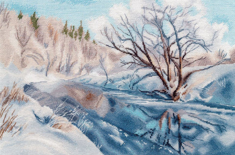 Kryželiu siuvinėjimo rinkinys „Vasaris žydrynėje“ ant 16 ct baltos drobės, 34×24 cm, S1710