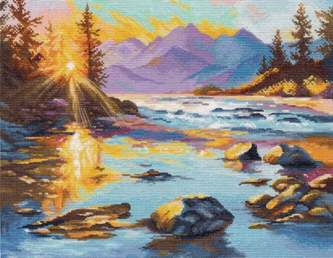 Kryželiu siuvinėjimo rinkinys „Aukso aušra“ – gamtos peizažas 32×26 cm