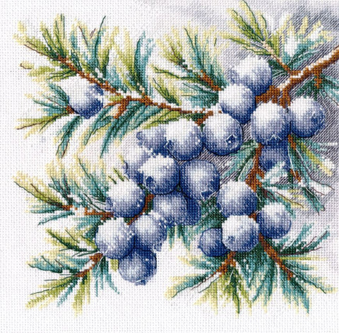 Kryželiu siuvinėjimo rinkinys „Kadagio šakelė“ ant baltos 16 ct drobės, 20×20 cm, PNK Kirov 18 spalvų