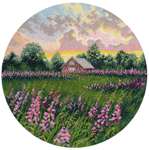 Siuvinėjimo kryželiu rinkinys „Rožiniai toliai“ 25 x 25 cm