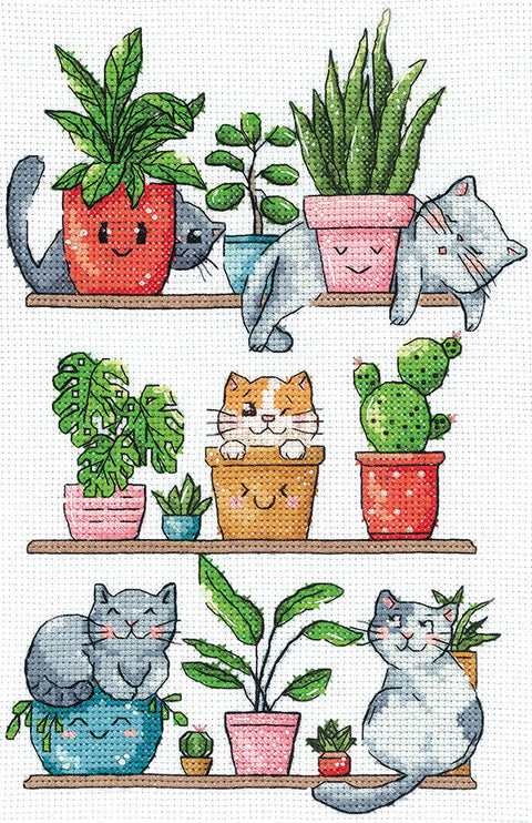 „Katės ir gėlės“ siuvinėjimo kryželiu rinkinys, 15 × 23 cm