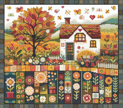 Siuvinėjimo kryželiu rinkinys „Rudens raštai“ ant Aida 16 ct, 32×27 cm, 26 rudeniškų spalvų