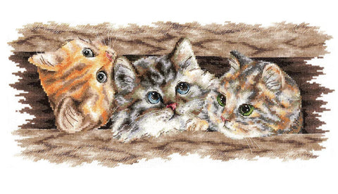 Kryželiu siuvinėjimo rinkinys „Pūkuotas trio“ – 35 × 14,5 cm, Aida kanva, vidutinio sudėtingumo