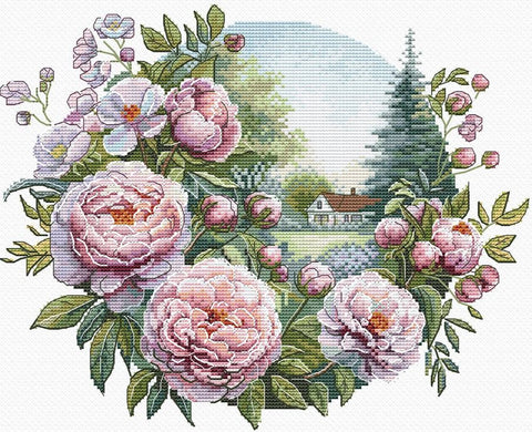 Siuvinėjimo kryželiu rinkinys „Bijūnų švelnumas“ su peonijų motyvu, 25x21 cm, Aida 16 ct, 37 spalvos