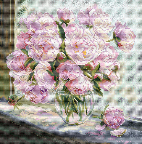 Siuvinėjimo kryželiu rinkinys „Bijūnai prie lango“ 24,5 x 24,5 cm