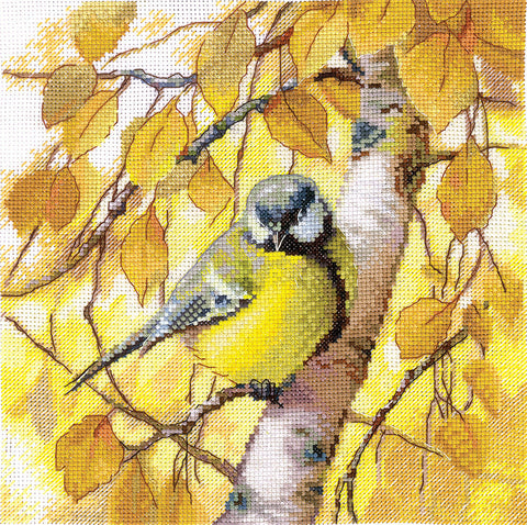 Skaičiuoto kryželių siuvinėjimo rinkinys „Zylė“ – 19,5 × 19,5 cm