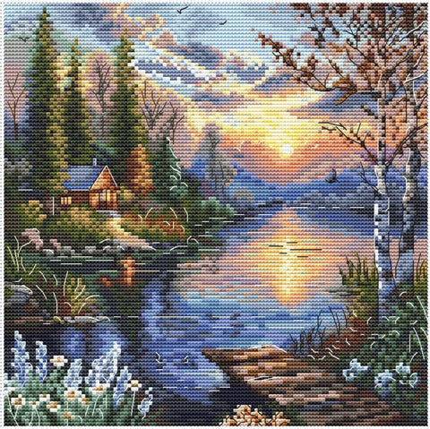 Siuvinėjimo kryželiu rinkinys „Tylus krantas“ – ramus pajūrio peizažas, 19×18,5 cm, gamtos motyvas