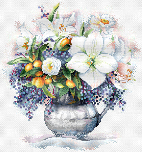 Gėlių etiudas – elegantiškas siuvinėjimo rinkinys kryželiu, 23 × 24 cm