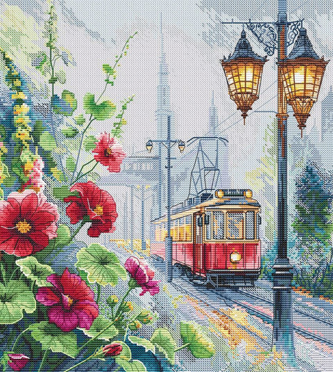 Kryželiu siuvinėjimo rinkinys „Rytinis tramvajus“ 24,5x27 cm, miesto peizažo paveikslas ant Aida 16 ct drobės