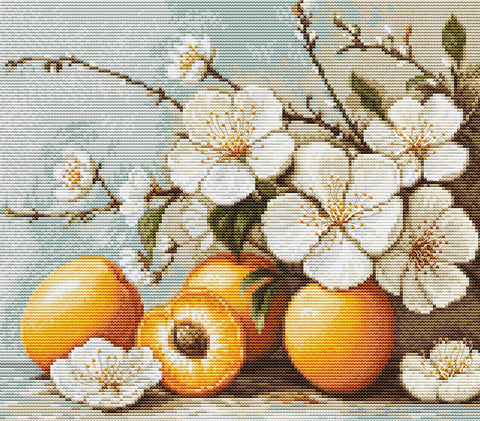 Siuvinėjimo kryželiu rinkinys „Abrikosų žiedai“ 25,5 x 22 cm