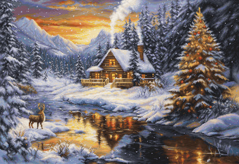 Siuvinėjimo kryželiu rinkinys „Žiemos vakaras kalnuose“ – kalnų žiemos peizažas, 51×35 cm