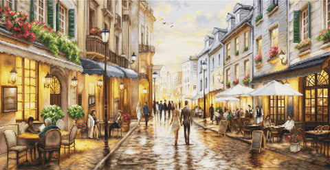 Siuvinėjimo kryželiu rinkinys „Naktinė kavinė mieste“ 61x32 cm, miesto peizažas ant Zweigart 16 ct kanvos