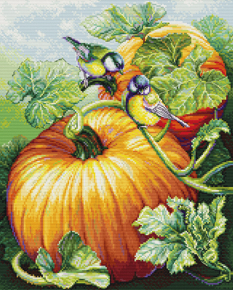 Luca-S rinkinys kryželių siuvinėjimui „Paukšteliai ant moliūgo“, 26 × 32 cm
