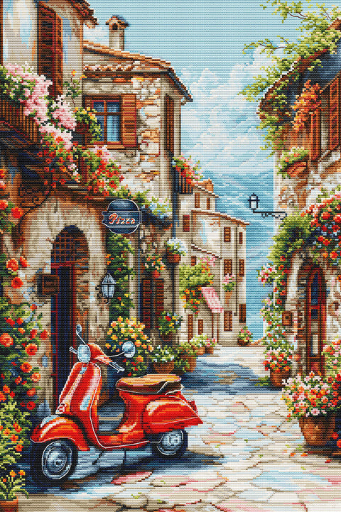 Kryželiu siuvinėjimo rinkinys „Italija gėlių aromate“ – itališka gėlių panorama, 32×48 cm