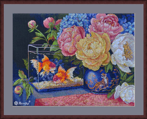 Kryželiu siuvinėjimo rinkinys „Tylus dialogas“ ant juodos Aida 16 drobės, 30×39 cm gėlių ir gyvūnų paveikslui