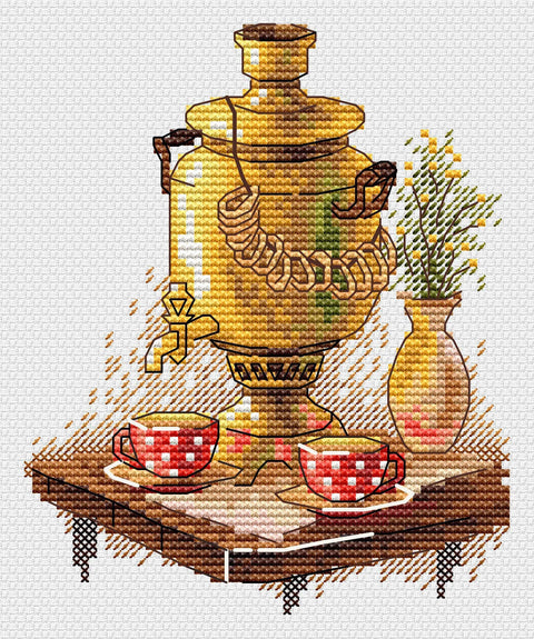 Kryželiu siuvinėjimo rinkinys „Arbatos puota“ – virtuvės arbatėlės motyvas, 13 × 11 cm