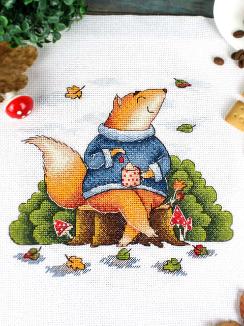 Siuvinėjimo kryželiu rinkinys „Rudens poilsis“ – 18x19 cm dekoratyvinis paveikslas