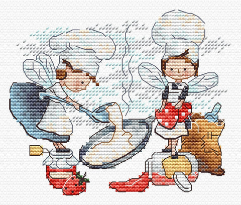 Siuvinėjimo rinkinys kryželiu „Pirmas blynas“ – virtuvės fėjų motyvas, 10x12 cm, balta 14 ct drobė