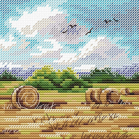 Kryželių siuvinėjimo rinkinys „Kaimo platybės“ – kaimo peizažas, 11×11 cm
