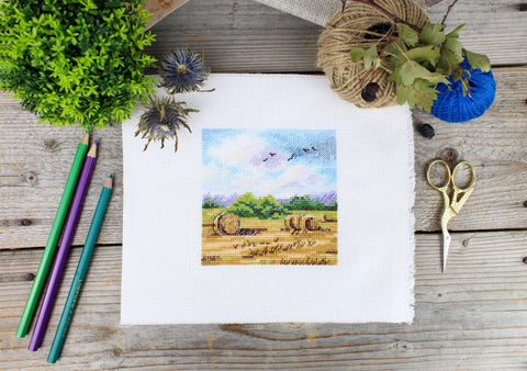 Kryželių siuvinėjimo rinkinys „Kaimo platybės“ – kaimo peizažas, 11×11 cm