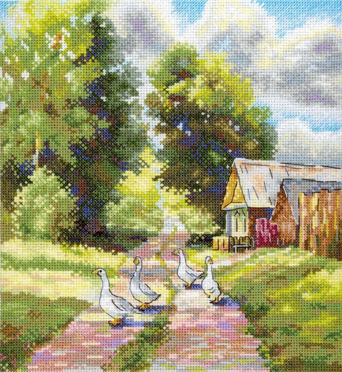 Kryželiu siuvinėjimo rinkinys „Miško kelias“ – kaimo peizažas 22x20 cm gamtos mylėtojams