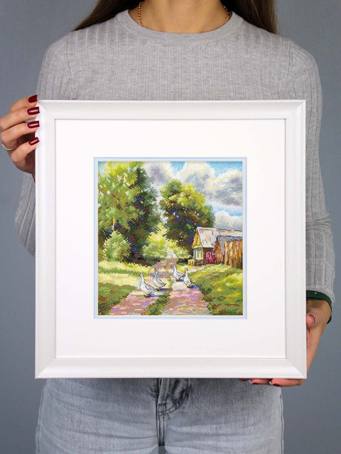 Kryželiu siuvinėjimo rinkinys „Miško kelias“ – kaimo peizažas 22x20 cm gamtos mylėtojams