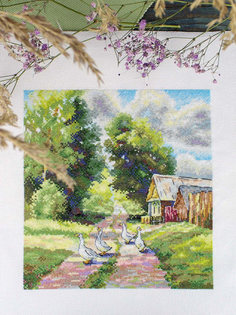 Kryželiu siuvinėjimo rinkinys „Miško kelias“ – kaimo peizažas 22x20 cm gamtos mylėtojams