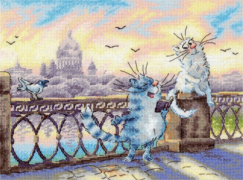 Kryželiu siuvinėjimo rinkinys „Prie upės“ 25×20 – katės, miestas ir ramus upės krantas