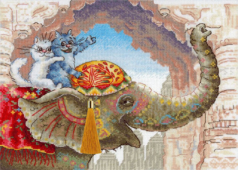 Kryželiu siuvinėjimo rinkinys „Katė ant dramblio“ su gyvūnų motyvu, 25×20 cm