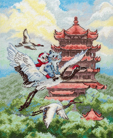 Kryželiu siuvinėjimo rinkinys „Skrydis“ su kate, 25x20 cm, 16 ct, 33 „Gamma“ spalvos