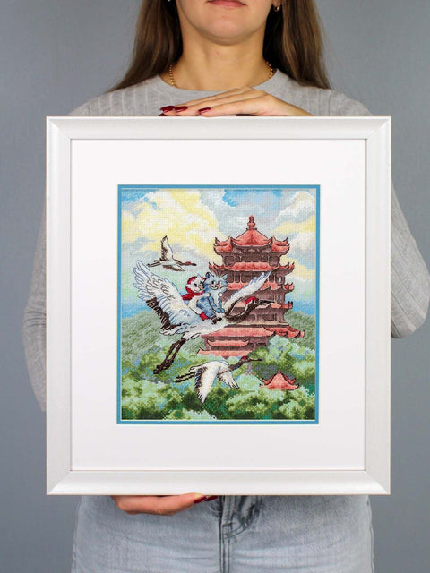 Kryželiu siuvinėjimo rinkinys „Skrydis“ su kate, 25x20 cm, 16 ct, 33 „Gamma“ spalvos