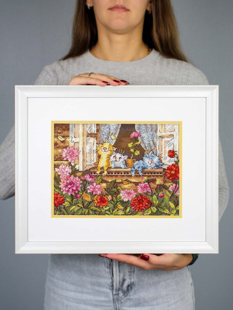 Kryželiu siuvinėjimo rinkinys „Nerūpinga vaikystė“ su katėmis, 19×25 cm paveikslas