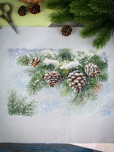 Siuvinėjimo kryželiu rinkinys „Apsnigta šaka“ 18 x 26 cm