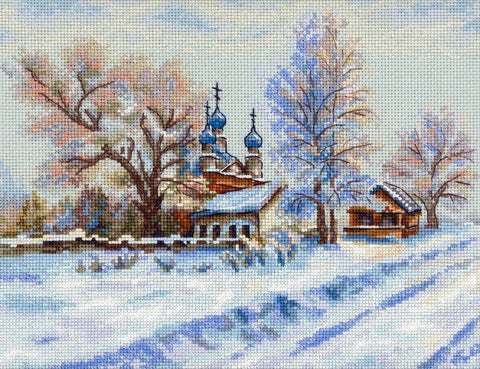 Kaimo šventykla – kryželiu siuvinėjimo rinkinys, 22×27 cm peizažas