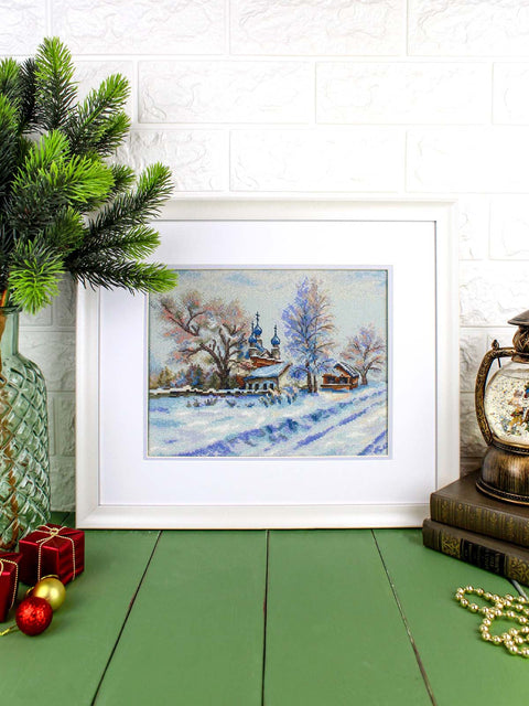 Kaimo šventykla – kryželiu siuvinėjimo rinkinys, 22×27 cm peizažas