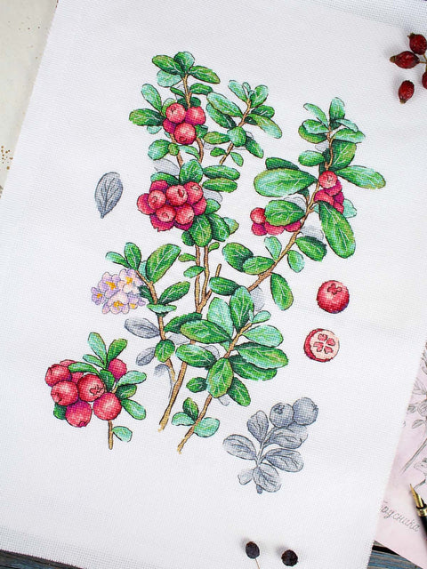 Kryželių siuvinėjimo rinkinys „Bruknių uogos“ – 29x20 cm paveikslas interjerui